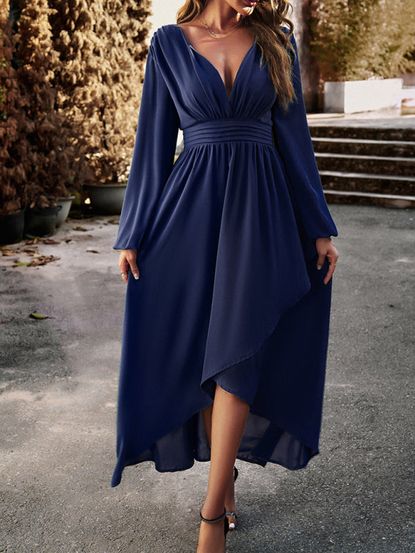 V-neck Long Sleeve Dress with Asymmetrical Hemline and Big Swing Maxi Dresses MyDresses