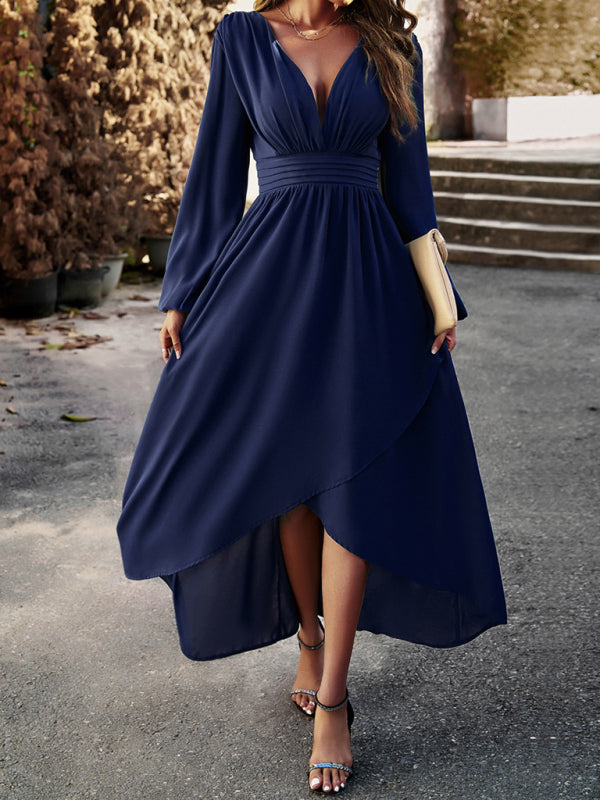 V-neck Long Sleeve Dress with Asymmetrical Hemline and Big Swing Maxi Dresses MyDresses Dark Blue 8 | S
