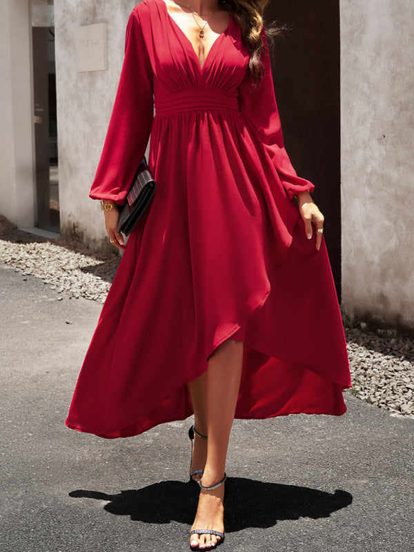 V-neck Long Sleeve Dress with Asymmetrical Hemline and Big Swing Maxi Dresses MyDresses