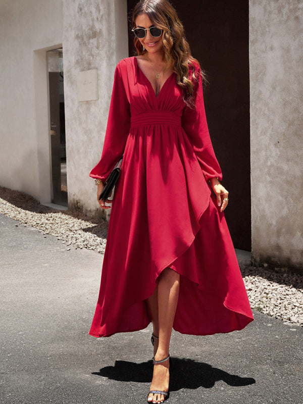 V-neck Long Sleeve Dress with Asymmetrical Hemline and Big Swing Maxi Dresses MyDresses