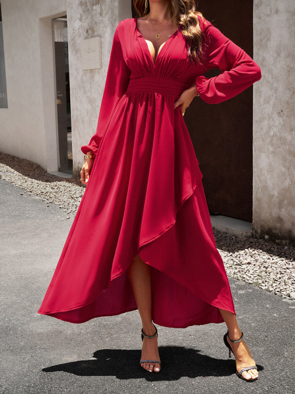 V-neck Long Sleeve Dress with Asymmetrical Hemline and Big Swing Maxi Dresses MyDresses