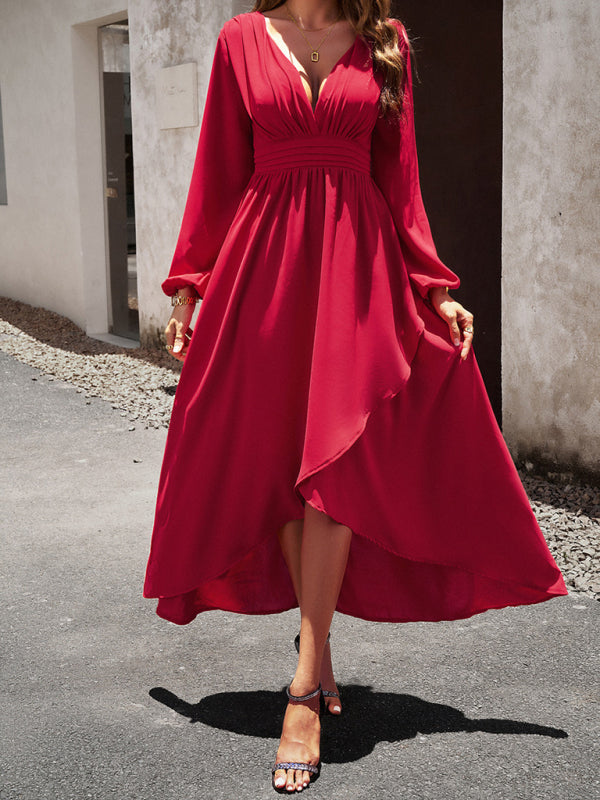 V-neck Long Sleeve Dress with Asymmetrical Hemline and Big Swing Maxi Dresses MyDresses