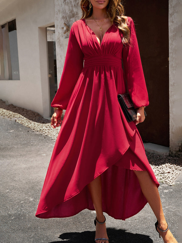V-neck Long Sleeve Dress with Asymmetrical Hemline and Big Swing Maxi Dresses MyDresses Red 8 | S