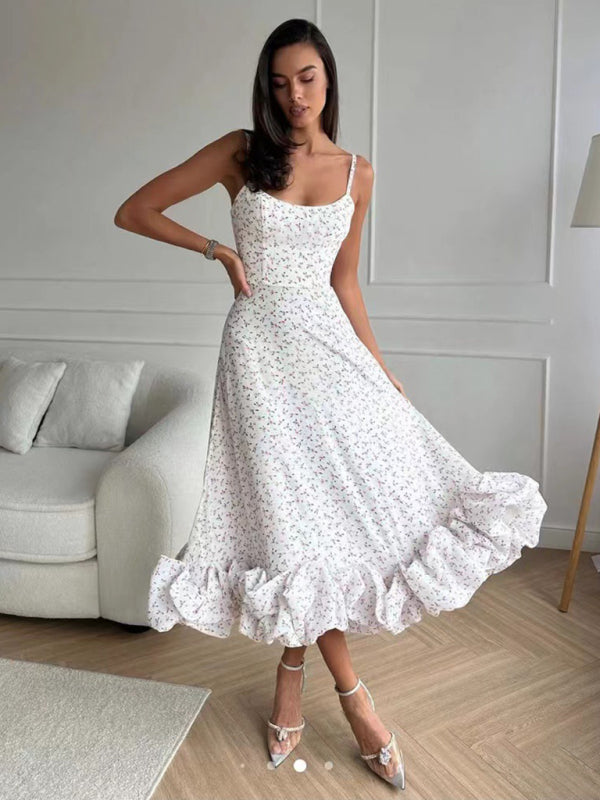 Floral Print A-line Dress with Ruffled Hem and Suspenders Maxi Dresses MyDresses 