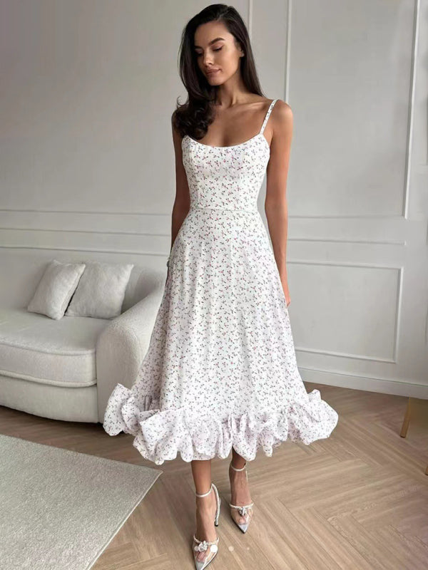 Floral Print A-line Dress with Ruffled Hem and Suspenders Maxi Dresses MyDresses Pattern 8 | S 