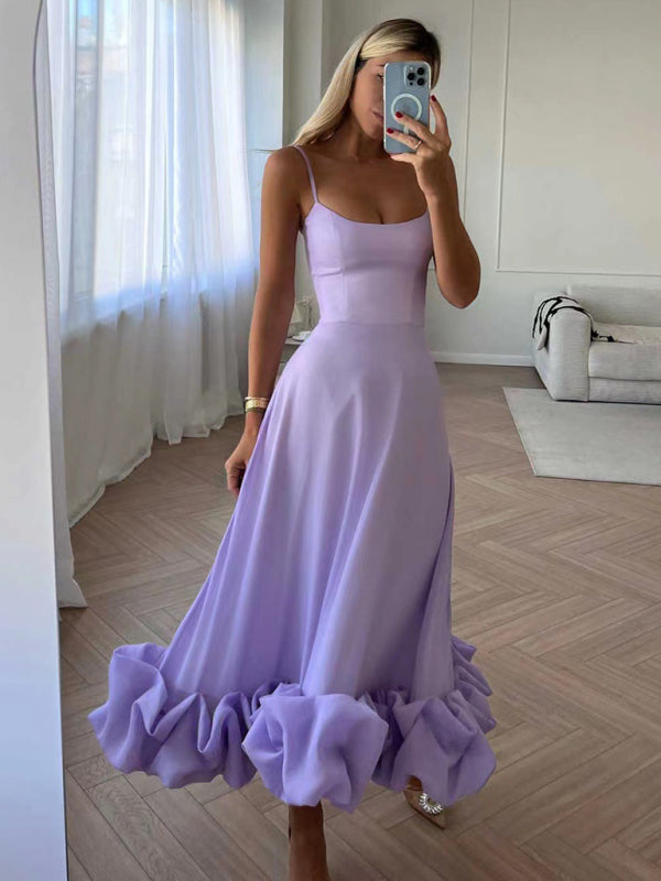 Floral Print A-line Dress with Ruffled Hem and Suspenders Maxi Dresses MyDresses Purple 8 | S 
