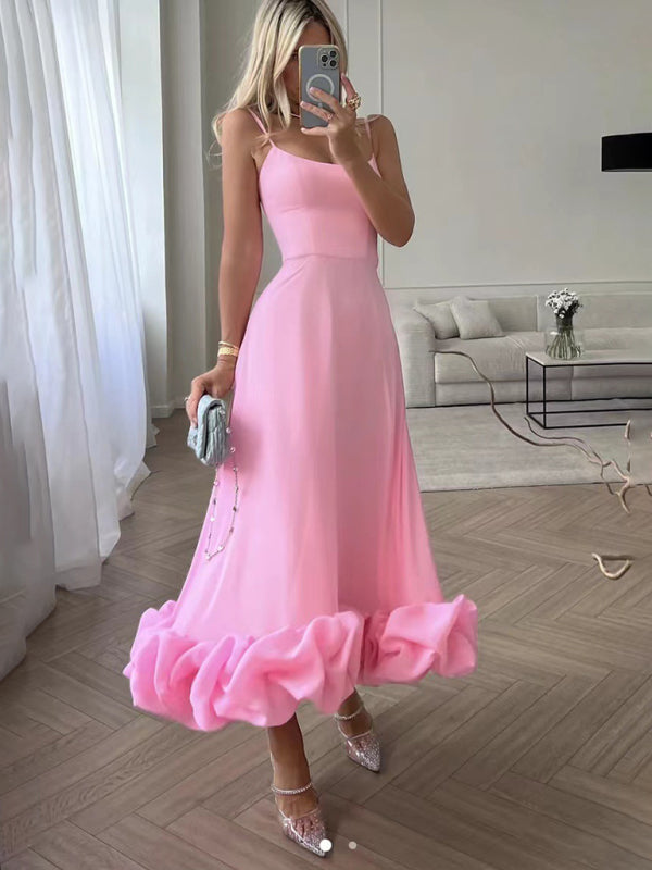 Floral Print A-line Dress with Ruffled Hem and Suspenders Maxi Dresses MyDresses Pink 8 | S 