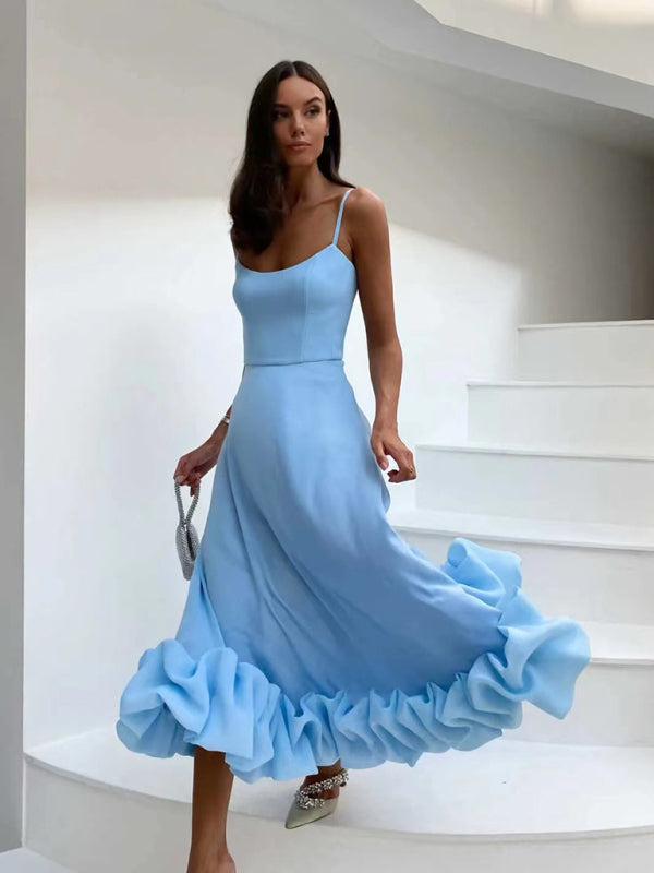Floral Print A-line Dress with Ruffled Hem and Suspenders Maxi Dresses MyDresses Blue 8 | S 