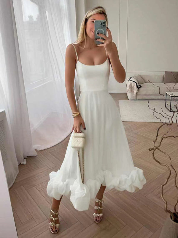Floral Print A-line Dress with Ruffled Hem and Suspenders Maxi Dresses MyDresses White 8 | S 