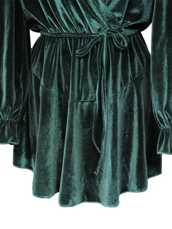 Velvet Wrap Mini Dress with Long Sleeves and Tie Waist Group1 MyDresses 