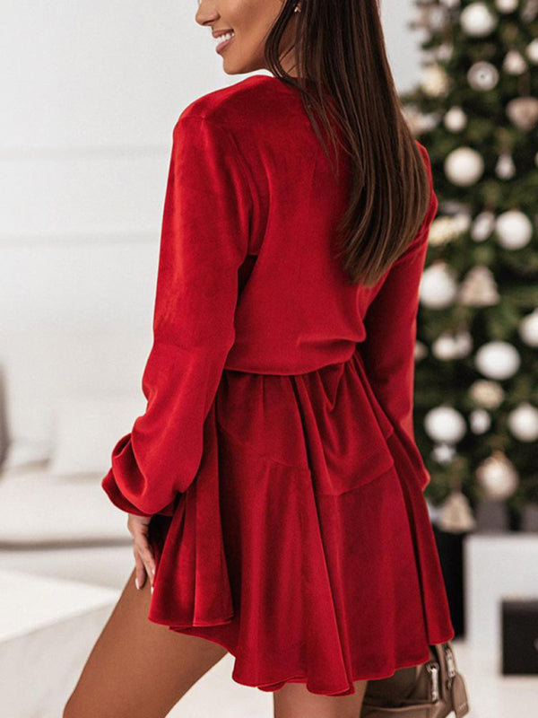 Velvet Wrap Mini Dress with Long Sleeves and Tie Waist Group1 MyDresses 