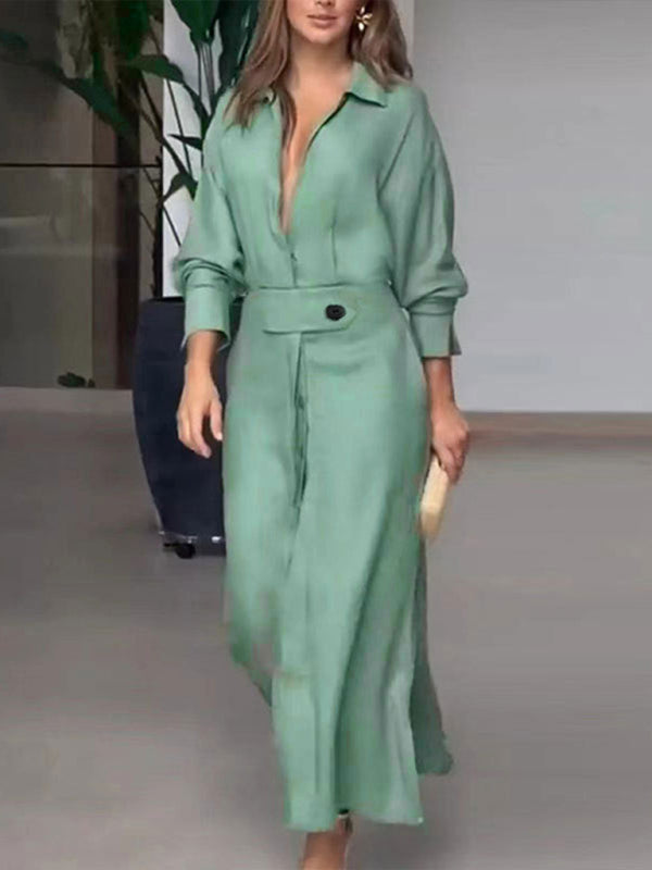 Waist-Tied Long-Sleeved Shirt Dress with Irregular Hem Maxi Dresses MyDresses Pale green 8 | S 