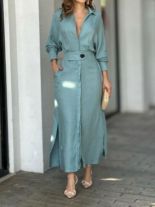 Waist-Tied Long-Sleeved Shirt Dress with Irregular Hem Maxi Dresses MyDresses Blue 8 | S 