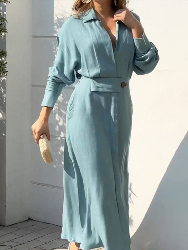 Waist-Tied Long-Sleeved Shirt Dress with Irregular Hem Maxi Dresses MyDresses 