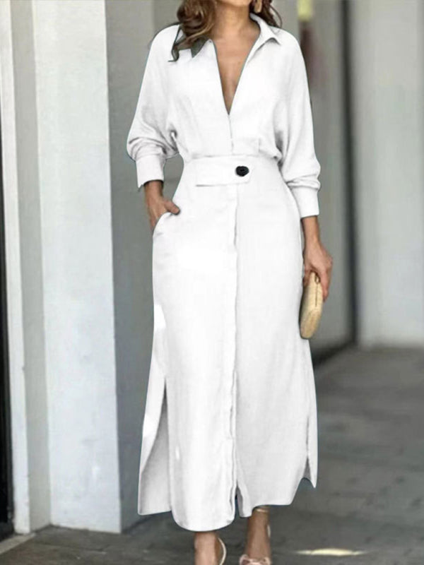 Waist-Tied Long-Sleeved Shirt Dress with Irregular Hem Maxi Dresses MyDresses White 8 | S 
