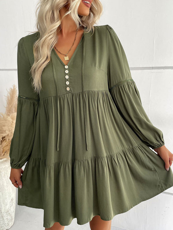 V-Neck Long-Sleeved Dress with Button-Down Front and Tiered Skirt Mini Dresses MyDresses 