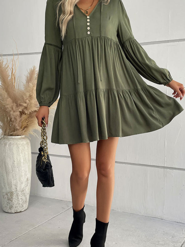 V-Neck Long-Sleeved Dress with Button-Down Front and Tiered Skirt Mini Dresses MyDresses 