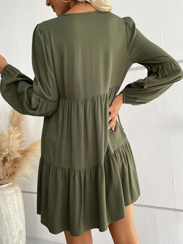 V-Neck Long-Sleeved Dress with Button-Down Front and Tiered Skirt Mini Dresses MyDresses 