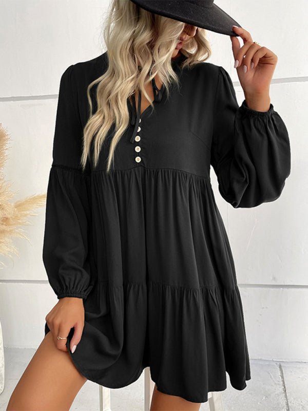 V-Neck Long-Sleeved Dress with Button-Down Front and Tiered Skirt Mini Dresses MyDresses Black 8 | S 