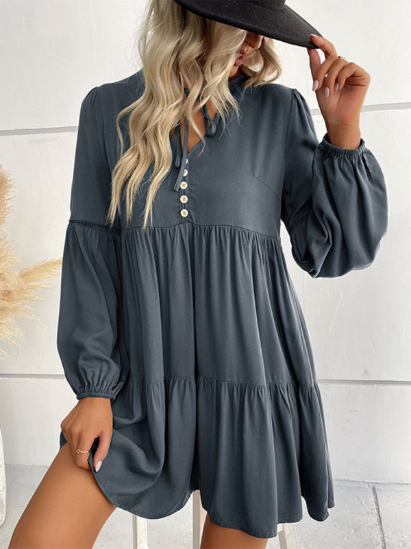 V-Neck Long-Sleeved Dress with Button-Down Front and Tiered Skirt Mini Dresses MyDresses Dark Grey 8 | S 