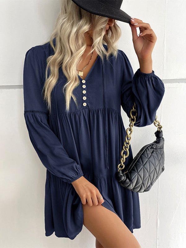 V-Neck Long-Sleeved Dress with Button-Down Front and Tiered Skirt Mini Dresses MyDresses Khaki 8 | S 