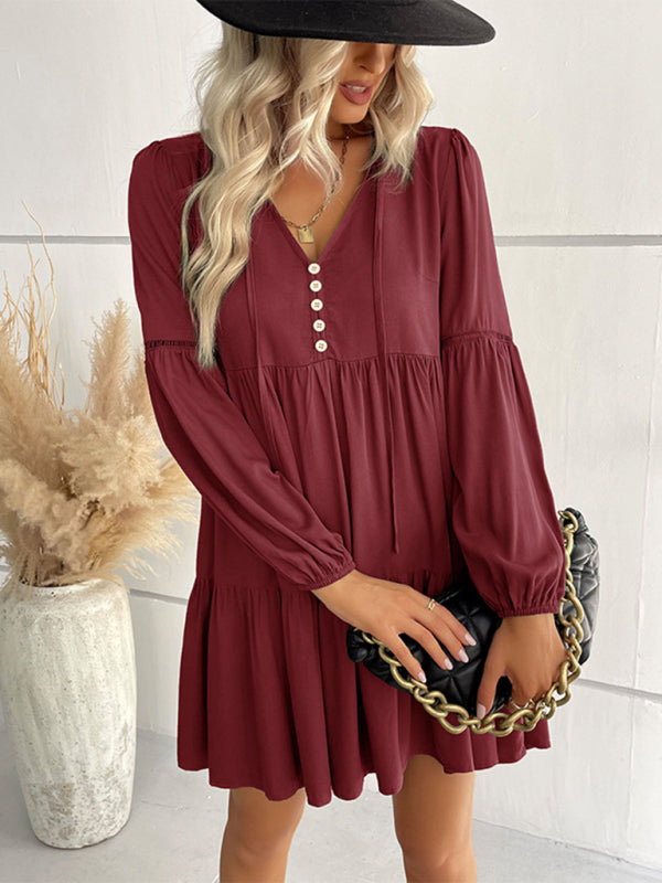 V-Neck Long-Sleeved Dress with Button-Down Front and Tiered Skirt Mini Dresses MyDresses Red 8 | S 