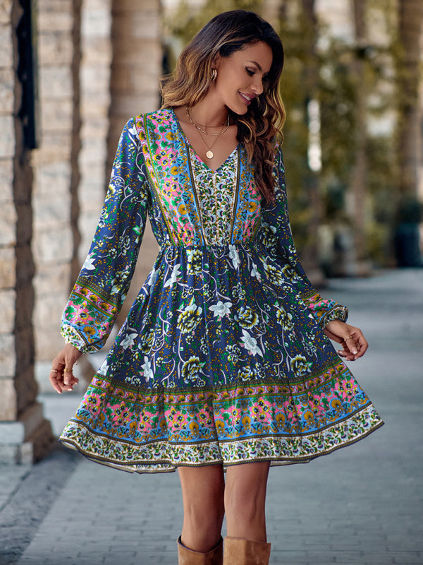 Floral Print V-neck Dress with Long Sleeves and Fitted Waist Mini Dresses MyDresses 