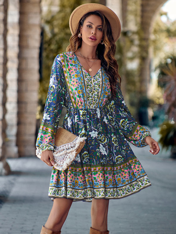 Floral Print V-neck Dress with Long Sleeves and Fitted Waist Mini Dresses MyDresses 