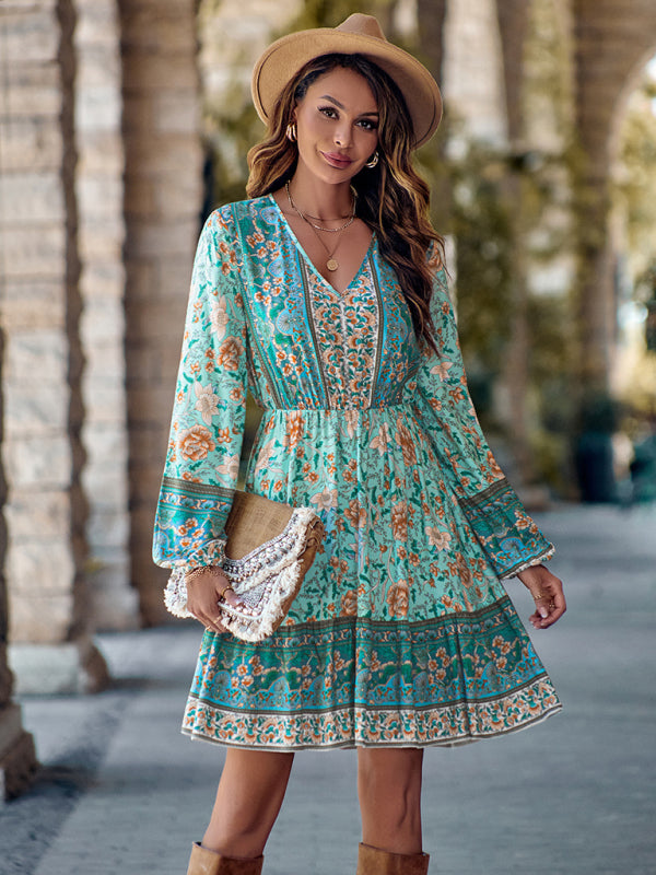Floral Print V-neck Dress with Long Sleeves and Fitted Waist Mini Dresses MyDresses 