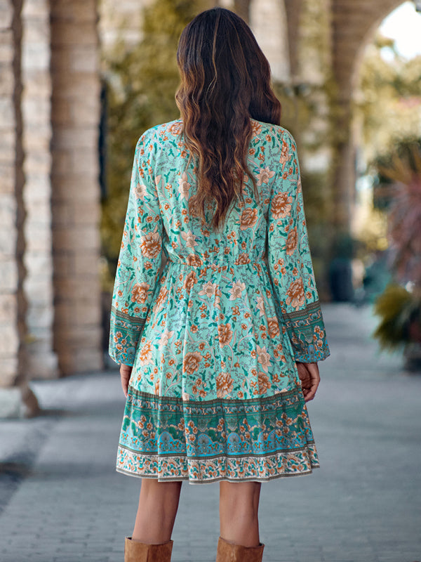 Floral Print V-neck Dress with Long Sleeves and Fitted Waist Mini Dresses MyDresses 