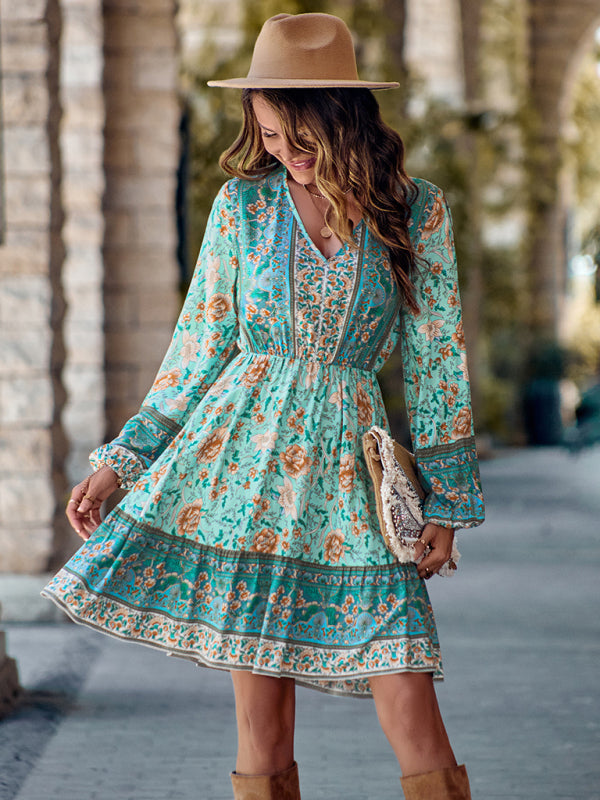 Floral Print V-neck Dress with Long Sleeves and Fitted Waist Mini Dresses MyDresses Green 8 | S 