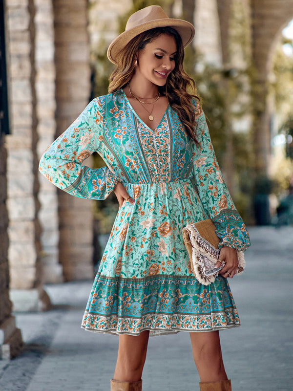 Floral Print V-neck Dress with Long Sleeves and Fitted Waist Mini Dresses MyDresses 