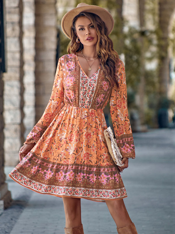 Floral Print V-neck Dress with Long Sleeves and Fitted Waist Mini Dresses MyDresses Orange 8 | S 