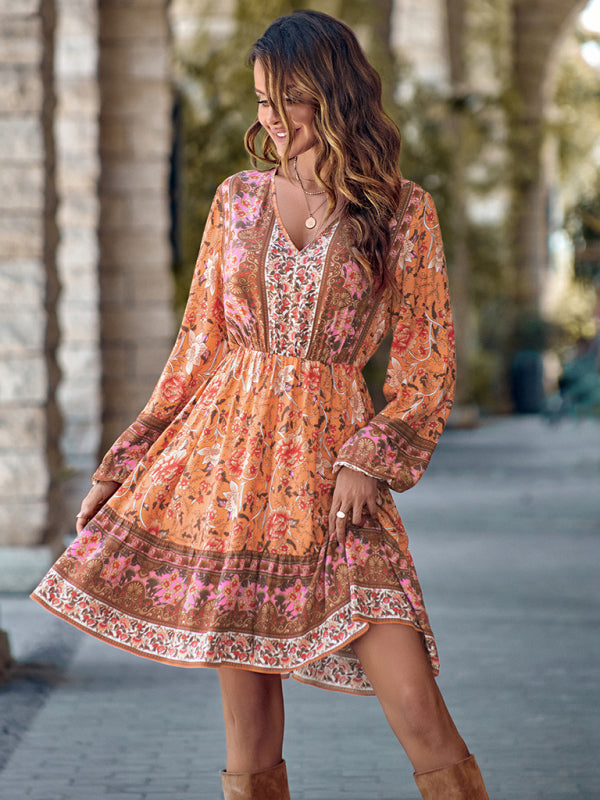 Floral Print V-neck Dress with Long Sleeves and Fitted Waist Mini Dresses MyDresses 