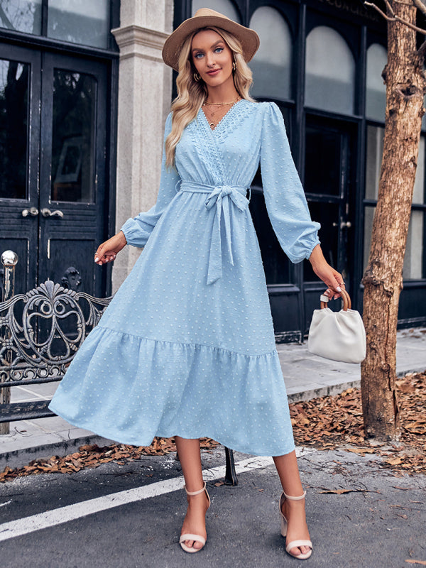 V-neck Lace Maxi Dress with Tiered Skirt and Textured Fabric Maxi Dresses MyDresses 