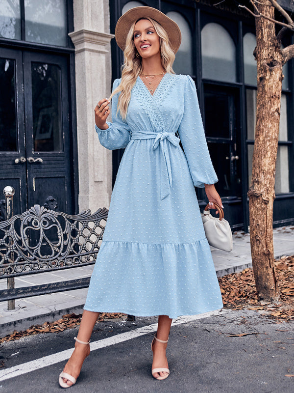V-neck Lace Maxi Dress with Tiered Skirt and Textured Fabric Maxi Dresses MyDresses Blue 8 | S 