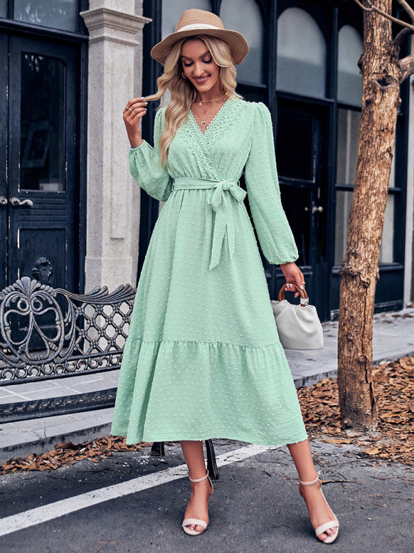 V-neck Lace Maxi Dress with Tiered Skirt and Textured Fabric Maxi Dresses MyDresses 