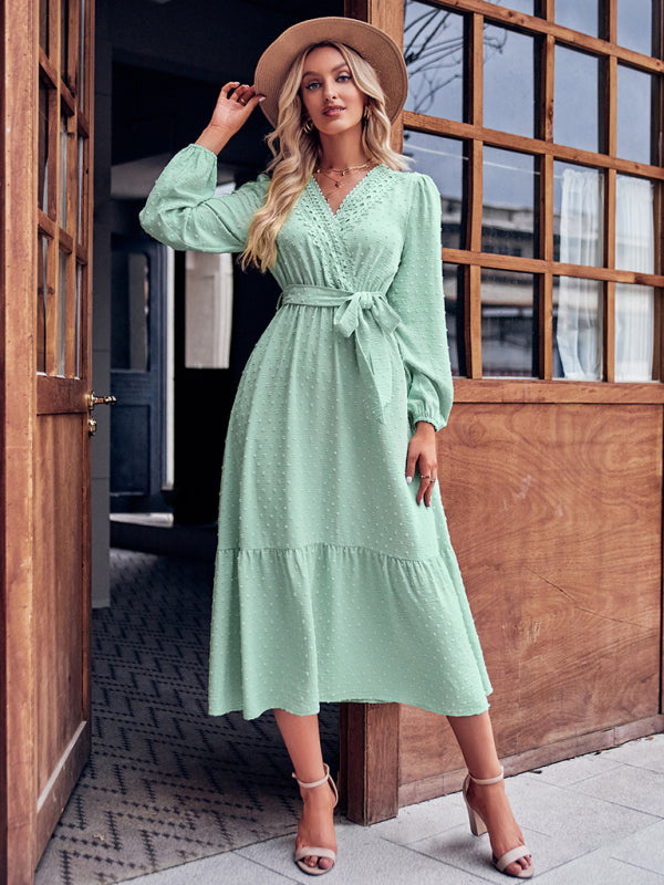 V-neck Lace Maxi Dress with Tiered Skirt and Textured Fabric Maxi Dresses MyDresses 