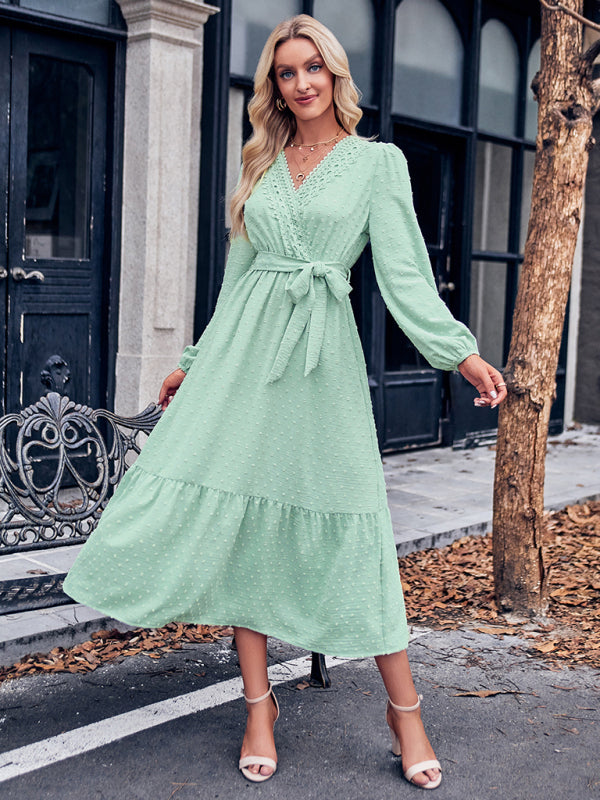 V-neck Lace Maxi Dress with Tiered Skirt and Textured Fabric Maxi Dresses MyDresses Green 8 | S 