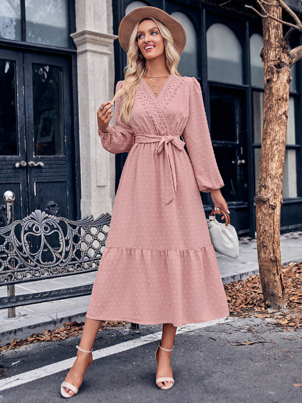 V-neck Lace Maxi Dress with Tiered Skirt and Textured Fabric Maxi Dresses MyDresses Pink 8 | S 