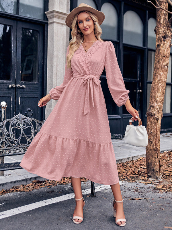 V-neck Lace Maxi Dress with Tiered Skirt and Textured Fabric Maxi Dresses MyDresses 