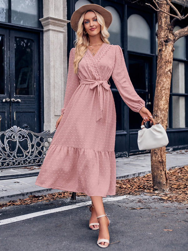 V-neck Lace Maxi Dress with Tiered Skirt and Textured Fabric Maxi Dresses MyDresses 