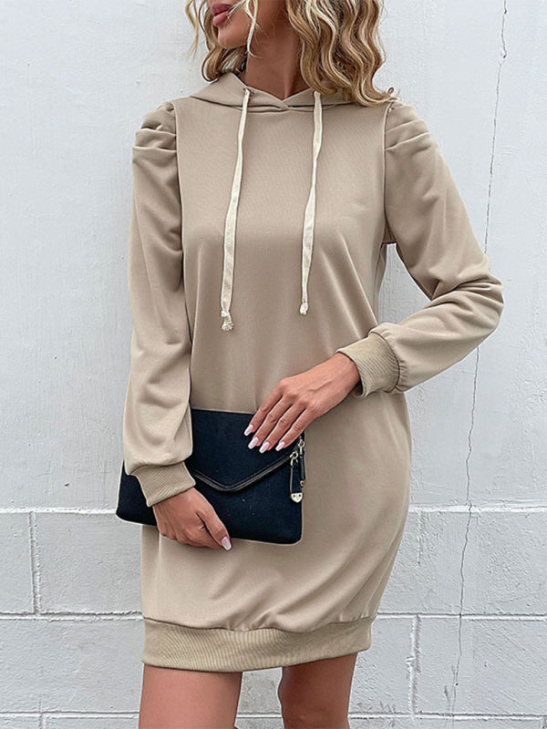 Hooded Sweatshirt Dress with Ribbed Cuffs and Puff Sleeves Group7 MyDresses Khaki 8 | S