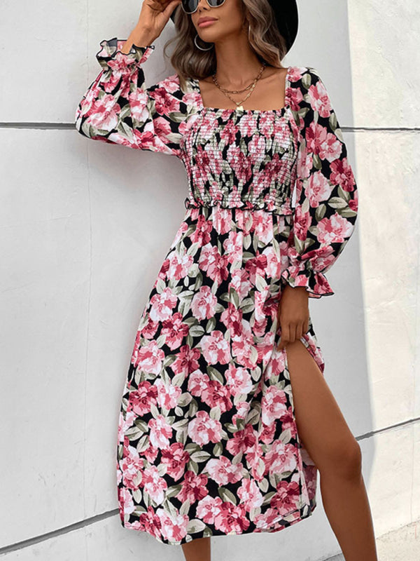 Floral Print Backless Midi Dress with Smocked Bodice and High Slit Midi Dresses MyDresses 