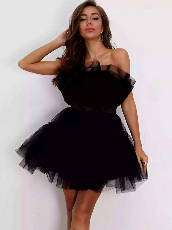 Strapless Mesh Mini Dress with Bow Waist Mini Dresses MyDresses Black 8 | S 