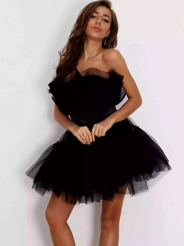 Strapless Mesh Mini Dress with Bow Waist Mini Dresses MyDresses 