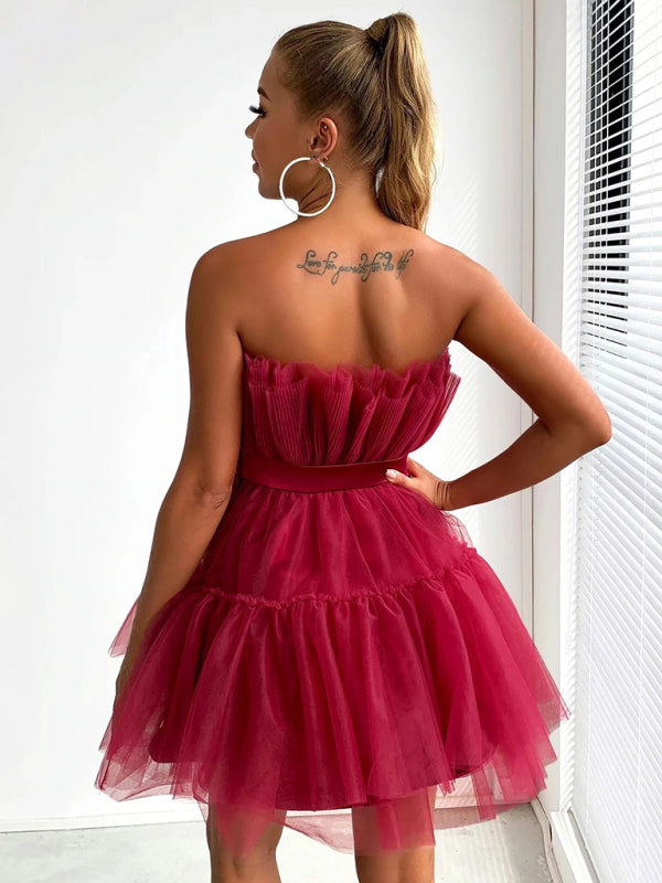 Strapless Mesh Mini Dress with Bow Waist Mini Dresses MyDresses 