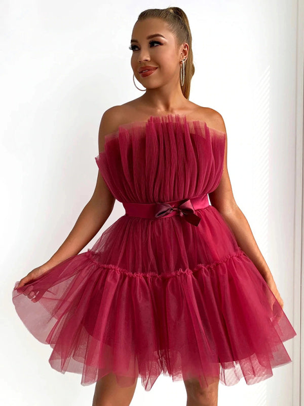 Strapless Mesh Mini Dress with Bow Waist Mini Dresses MyDresses 