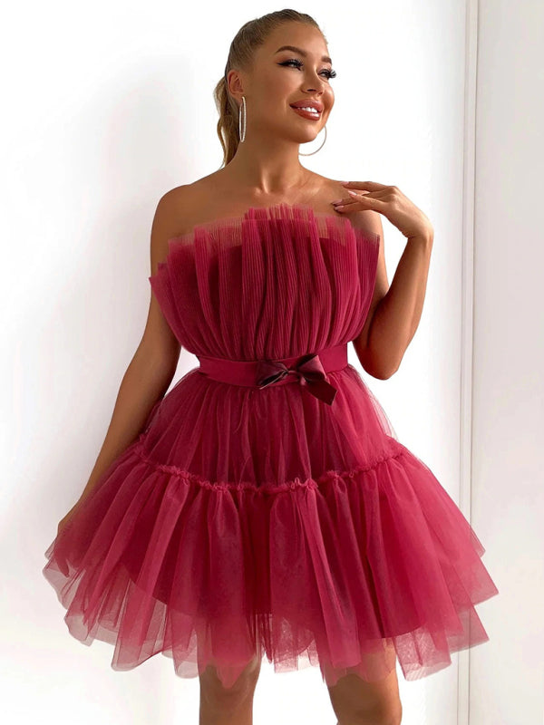Strapless Mesh Mini Dress with Bow Waist Mini Dresses MyDresses Dark Red 8 | S 