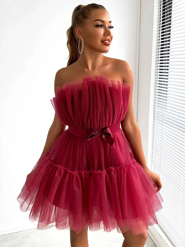 Strapless Mesh Mini Dress with Bow Waist Mini Dresses MyDresses 